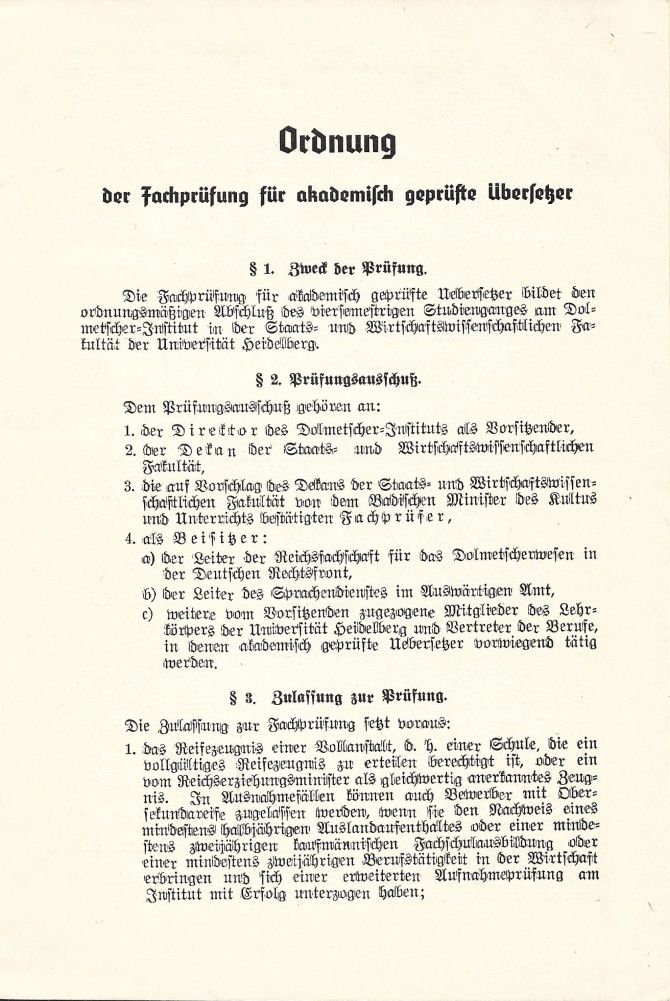 Prüfungsordnung Dolmetscher-Institut Universität Heidelberg 1937