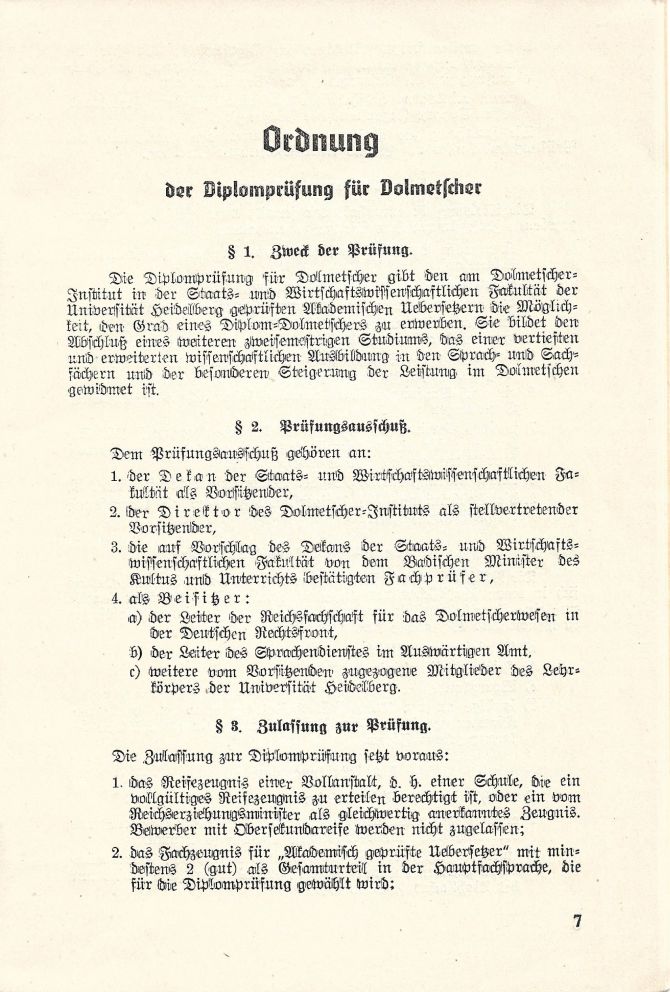 Prüfungsordnung Dolmetscher-Institut Universität Heidelberg 1937