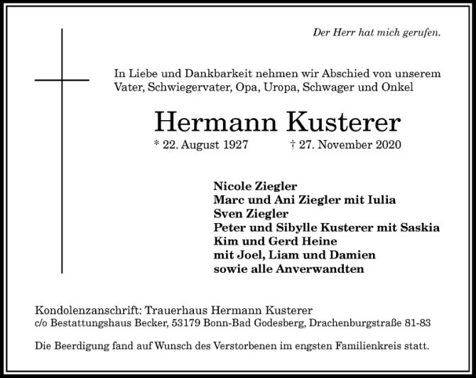 Hermann Kusterer, Traueranzeige